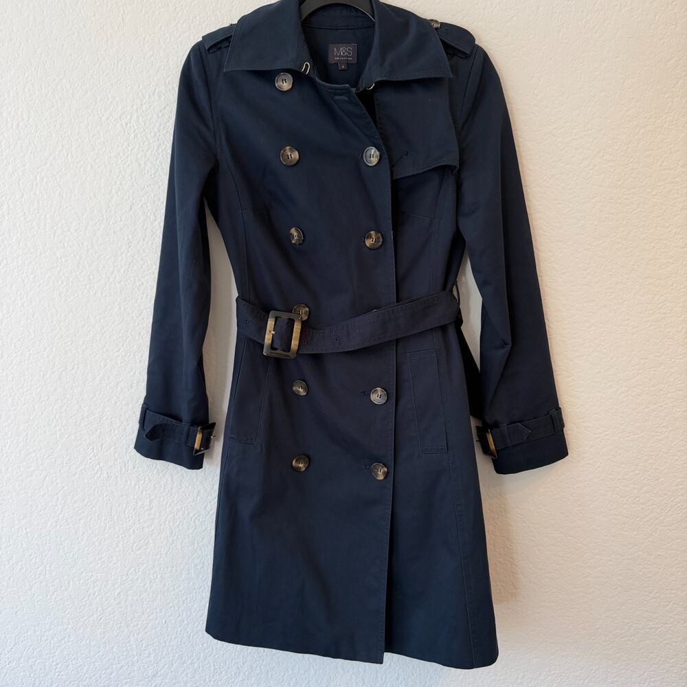 M&S Navy Blue Double Breasted Belted Trench Coat Jacket Size 8 Classic